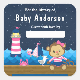 Étiquette de livre pour bébé Fille nautique singe