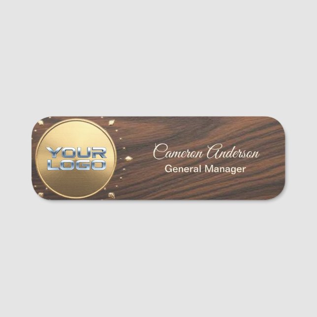 Étiquette de luxe en bois avec logo doré (Devant)