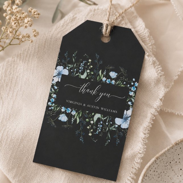 Étiquette de mariage à fleur sauvage bleue noire (Créateur téléchargé)