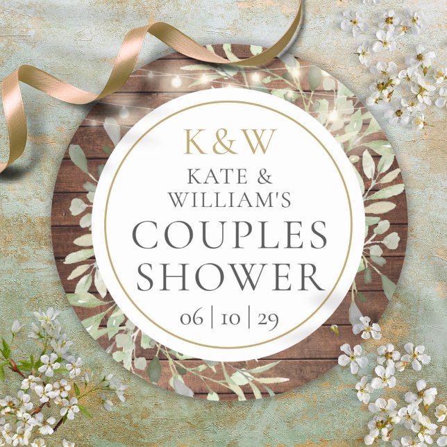 Étiquette de mariage champêtre avec monogramme et  (Rustic Monogram Greenery Couples Wedding Shower Classic Round Sticker)