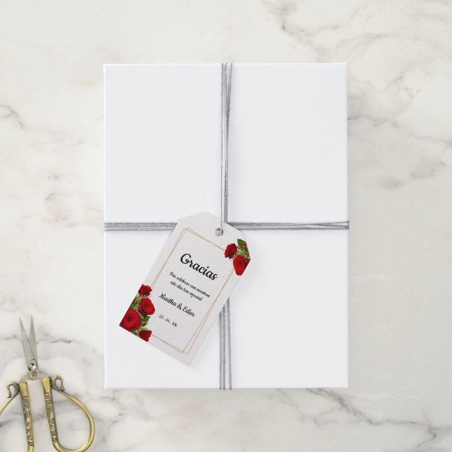 Étiquette de mariage espagnol Roses rouges or (Avec de la ficelle)