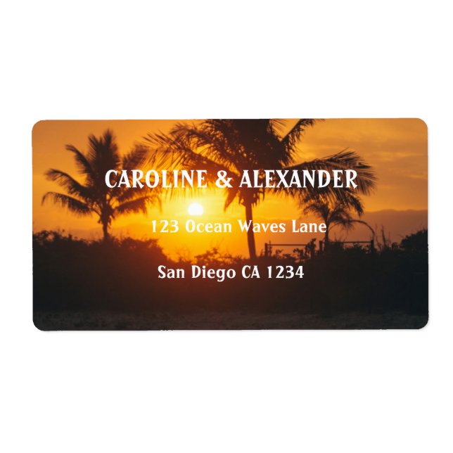 Étiquette de mariage moderne Sunset Ocean Tropical (Devant)