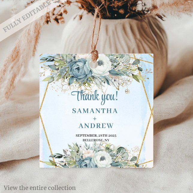 Étiquette de mariage pailletée dorée à motif flora (Luxury Dusty Blue Floral Gold Glitter Wedding Tag)