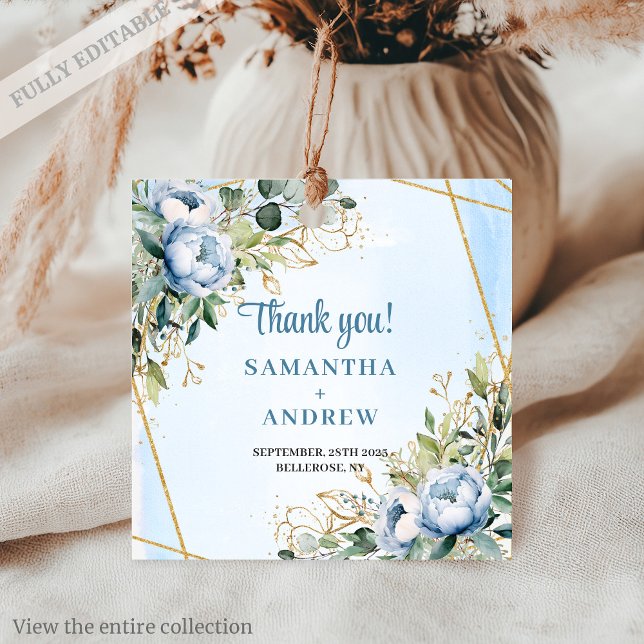 Étiquette de Mariage Pailletée Or et Bleu Poussiér (Romantic Dusty Blue Gold Glitter Wedding Favor Tag)