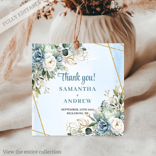 Étiquette de mariage romantique poussiéreuse bleu  (Romantic Dusty Blue White Floral Gold Wedding Tag)