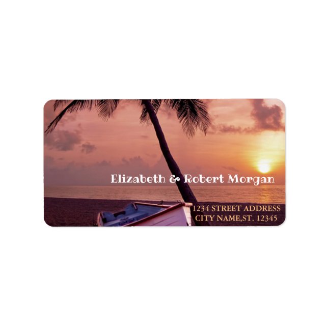 Étiquette de mariage Tropical Beach Palm Sunset Bo (Devant)