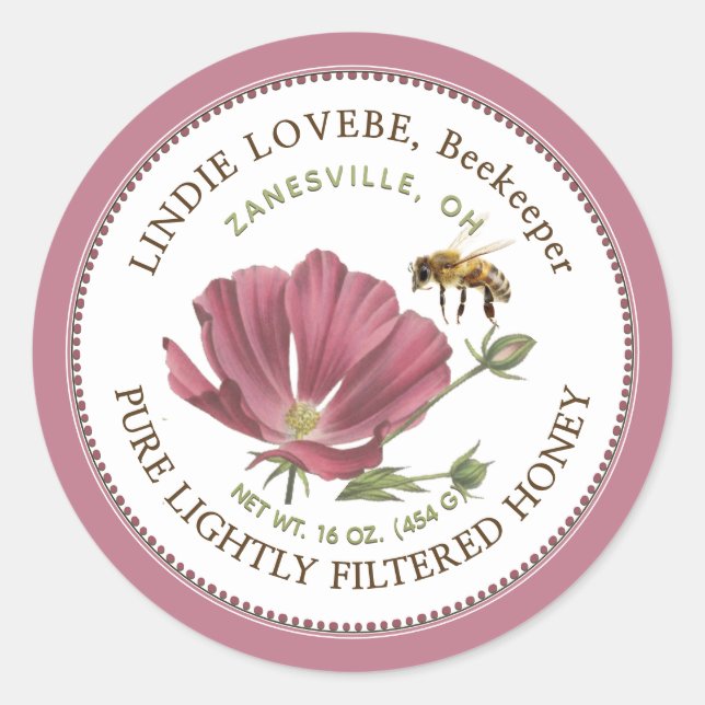 Étiquette de miel à fleurs rose et abeille (Devant)