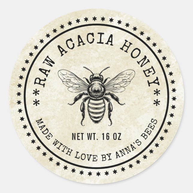 Étiquette de miel d'acacia avec abeille vintage (Devant)