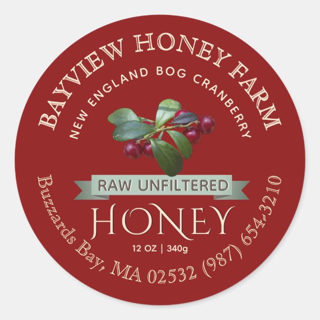 Étiquette de miel de canneberge avec canneberges (Devant)