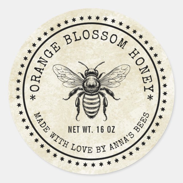 Étiquette de miel de fleur d'oranger avec abeille  (Devant)