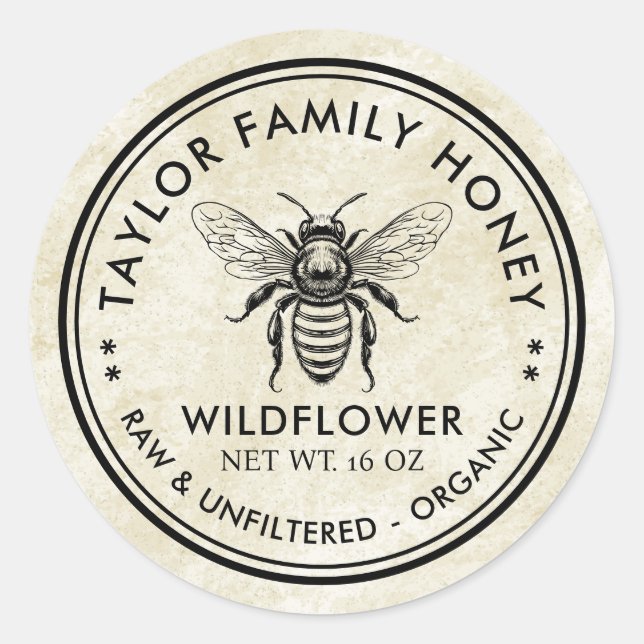 Étiquette de miel de fleur sauvage avec abeille à  (Devant)