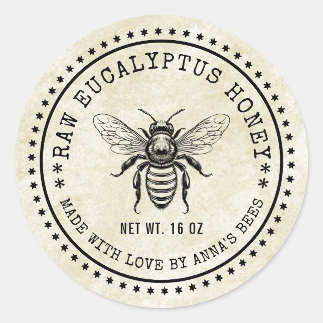 Étiquette de miel d'eucalyptus avec abeille de cou (Devant)