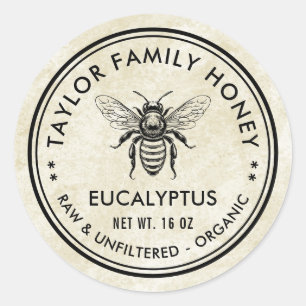 Étiquette de miel d'eucalyptus avec abeille vintag
