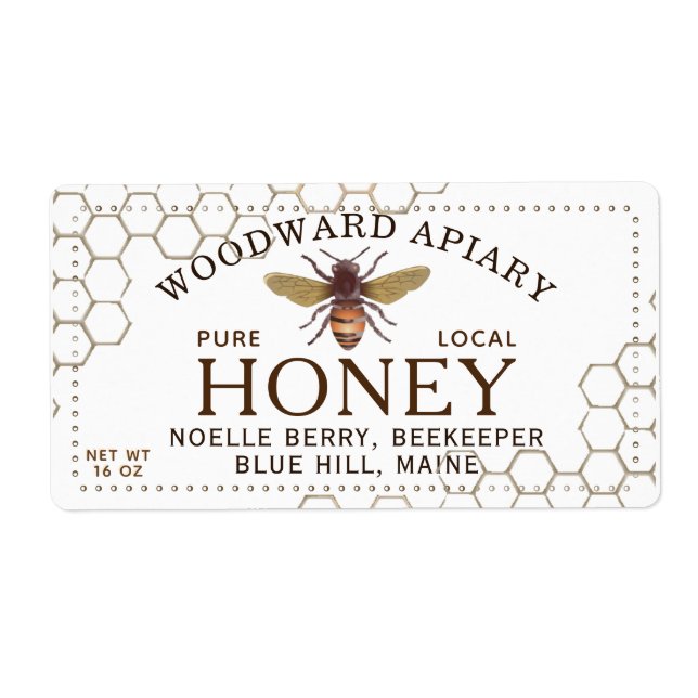 étiquette de miel hexagonale 340g avec abeille à m (Devant)
