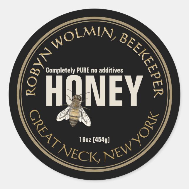 Étiquette de miel noir avec abeille Vintage modern (Devant)