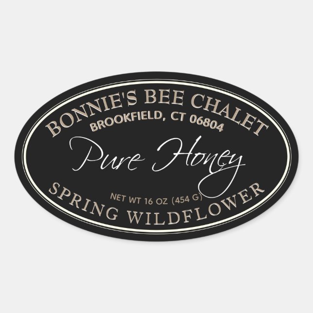 Étiquette de miel noir et or ovale avec bordure bl (Devant)