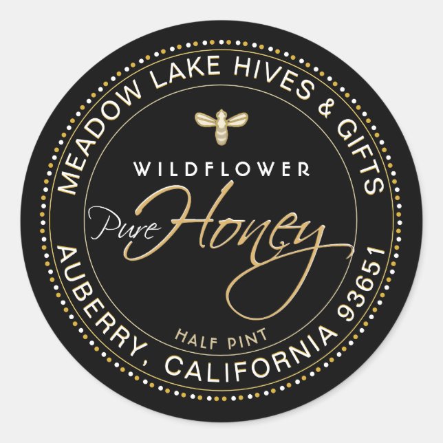 Étiquette de miel noir rond Bee Dotée Gold Bordure (Devant)