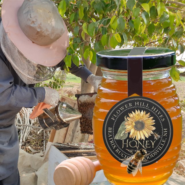 Étiquette de miel noir Tournesol et texte d'or mét (Créateur téléchargé)