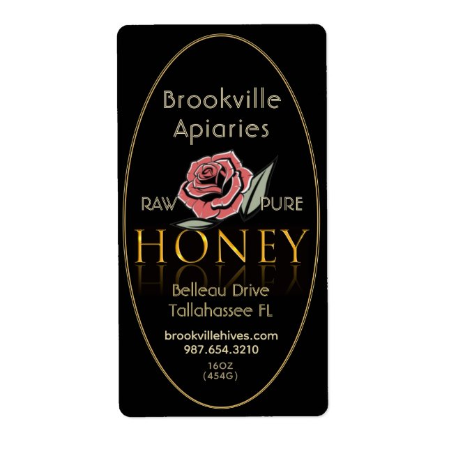 Étiquette de miel pur noir et or avec Rose (Devant)