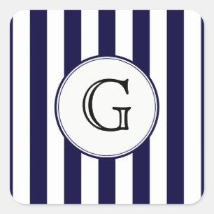 Étiquette de monogramme blanc rond rayé bleu marin