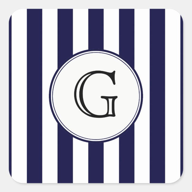Étiquette de monogramme blanc rond rayé bleu marin (Devant)