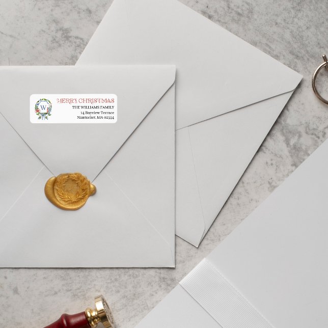Étiquette de monogramme de Noël maritime au ruban  (Créateur téléchargé)