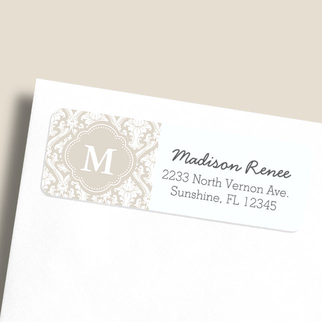 Étiquette de monogramme tendance damassé beige et  (Créateur téléchargé)
