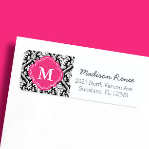 Étiquette de monogramme tendance noir et rose dama