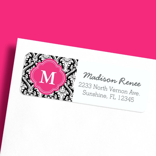 Étiquette de monogramme tendance noir et rose vif  (Créateur téléchargé)