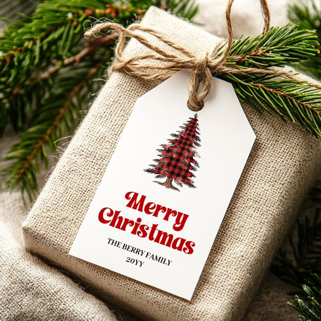 Étiquette de Noël à carreaux rouges et noirs éléga (Stylish Red Black Plaid Christmas Tag)