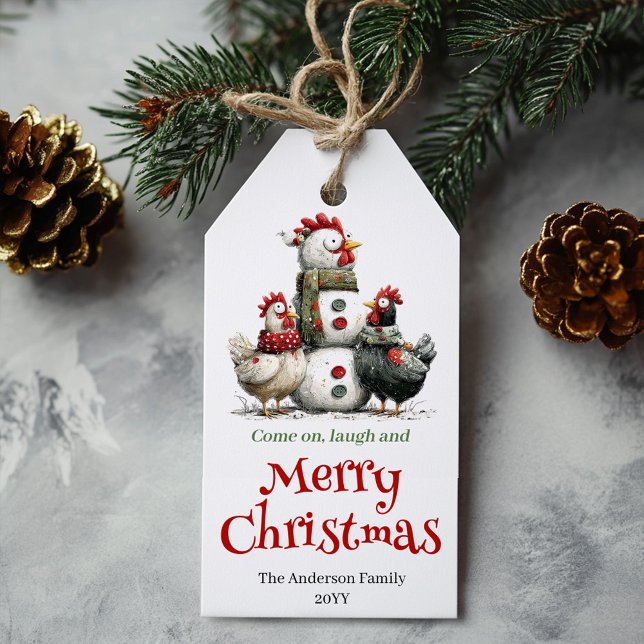 Étiquette de Noël de poulets fantaisistes éditable (Cheerful Quirky Chickens Christmas Tag Editable)