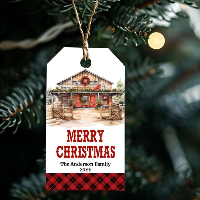 Étiquette de Noël de ranch country modifiable roug (Editable country ranch Christmas tag red and gold)