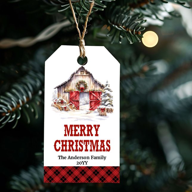 Étiquette de Noël de ranch rouge vert avec bottes  (Red green ranch Christmas tag with cowboy boots)
