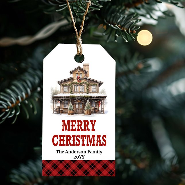 Étiquette de Noël personnalisée de ranch avec band (Personalized ranch Christmas tag with red bandana)