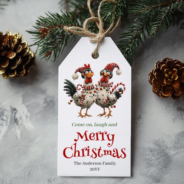 Étiquette de Noël Poules Fantaisistes de Style Car (Whimsical Chickens Christmas Tag Cartoon Style)