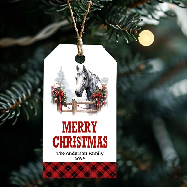 étiquette de Noël Ranch avec calèche rouge vert (Ranch Christmas tag with horse carriage red green)