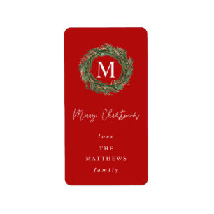 Étiquette de Noël « Red 2 & Wreath Monogram Merry