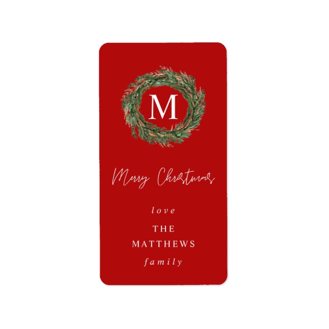Étiquette de Noël « Red 2 & Wreath Monogram Merry  (Devant)