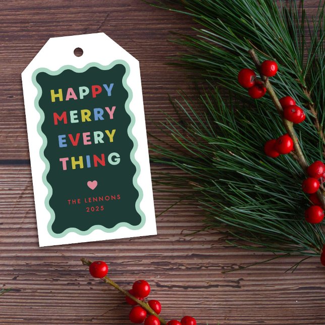 Étiquette de Noël Verte Joyeuse Vagueuse et Heureu (Créateur téléchargé)