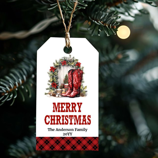 Étiquette de Noël Western de ferme avec détail d'é (Farmhouse Western Christmas tag with spurs detail)