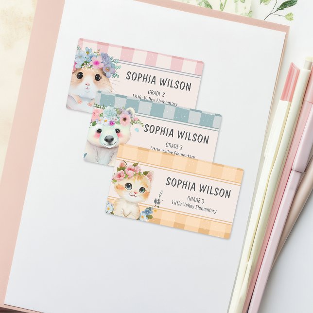 Étiquette de nom Animaux Mignons Gingham Floral Ro (Créateur téléchargé)