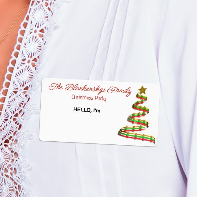 Étiquette de nom d'arbre de Noël ruban rouge vert  (Party ready three ribbon Christmas tree paper label sticker name tag.)