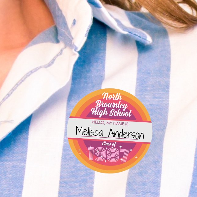 Étiquette de nom de retrouvailles de classe d'écol (Retro pop class reunion sticker badge)
