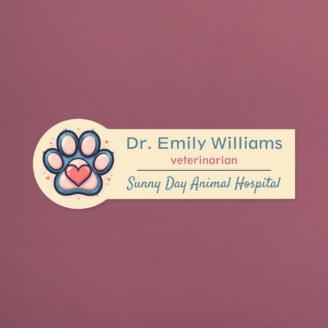 Étiquette de nom de vétérinaire avec empreinte de  (🐾 Paw print with a heart name tag for true animal lovers! ❤️)