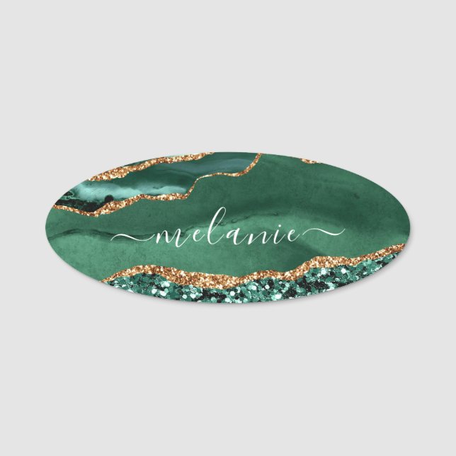 Étiquette de nom en marbre pailleté or vert émerau (Devant)