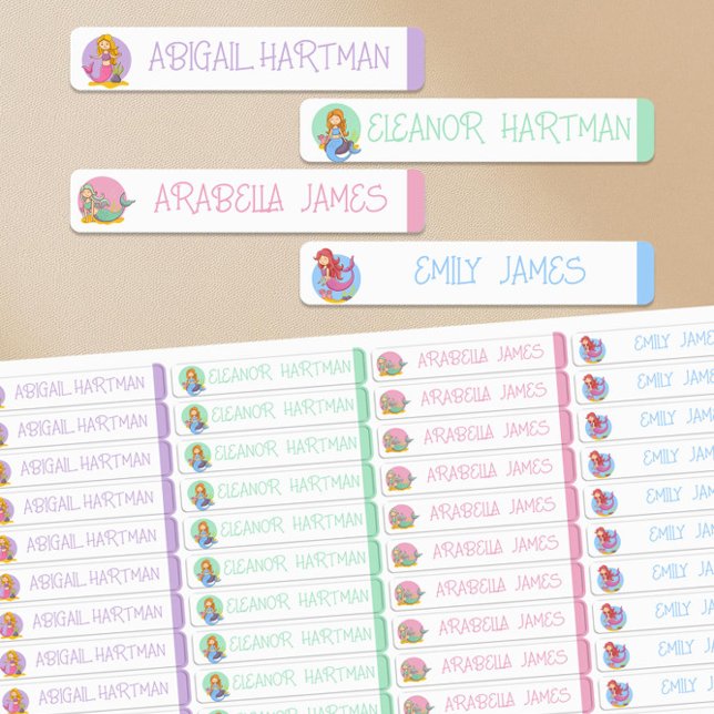 Étiquette de nom fille couleur de sirène étanche (Mermaid Themed Waterproof Kids Name Labels in handwritten print by Darling & May)