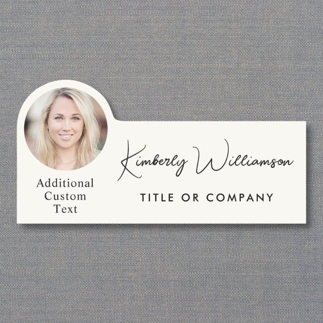 Étiquette de nom professionnelle crème Chic Script (Chic Script Professional Cream Photo Name Tag)