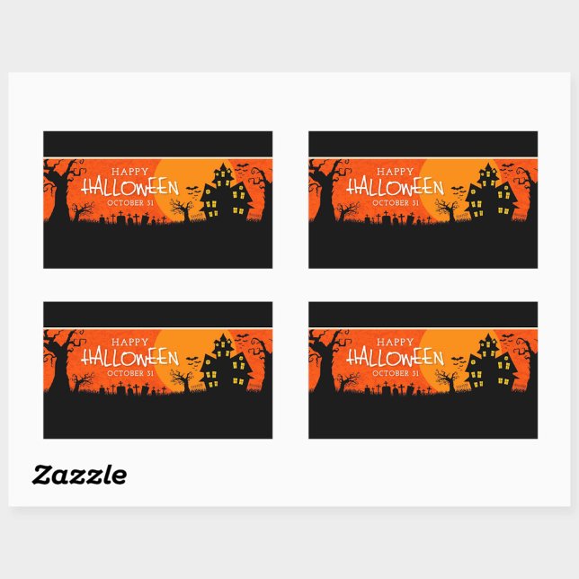 Étiquette de nuit d'Halloween hantée (“Beware the haunted house under the Halloween moon!”)