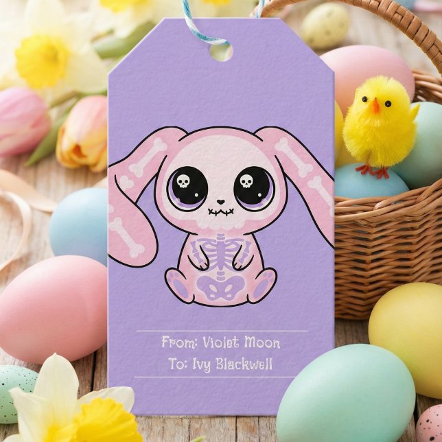 Étiquette de Pâques lavande Goth Pastel Lapin Rose (Pink Bunny Pastel Goth Lavender Easter Gift Tag)