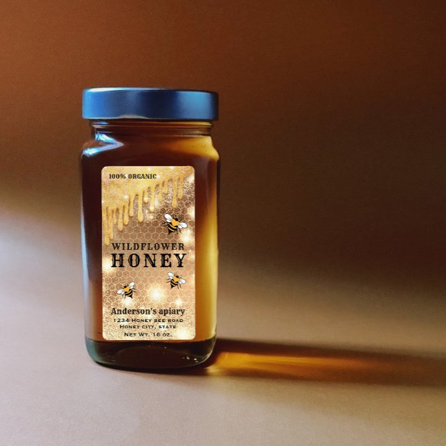 Étiquette de pot de miel d'abeille dorée gouttes m (Créateur téléchargé)